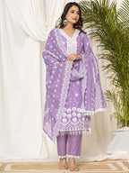 Indo Era Lavender Embroidered Straight Kurta Trousers set | Grocsy