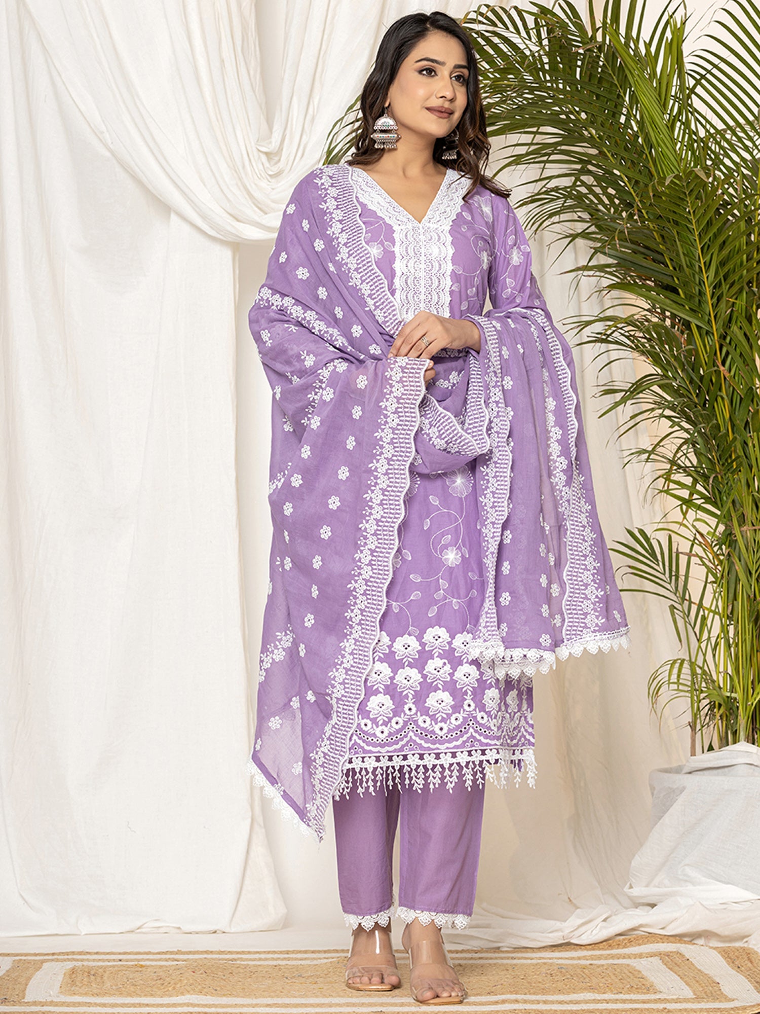 Indo Era Lavender Embroidered Straight Kurta Trousers set | Grocsy
