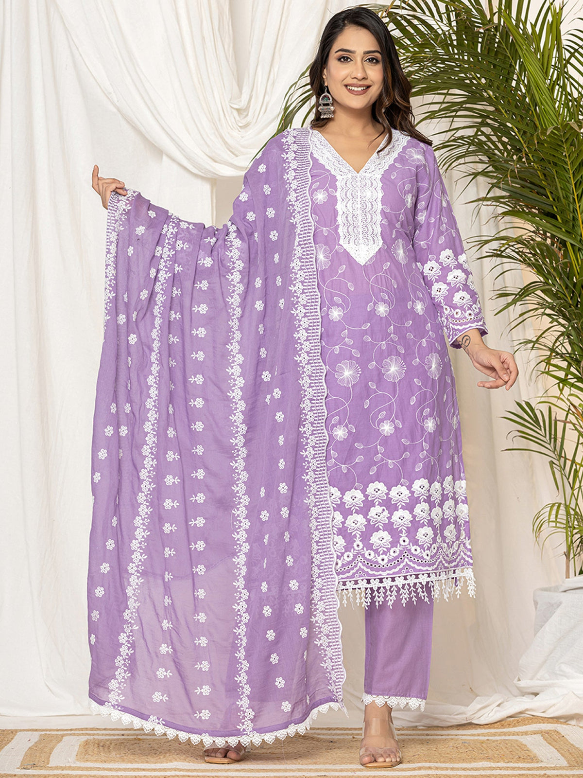Indo Era Lavender Embroidered Straight Kurta Trousers set | Grocsy