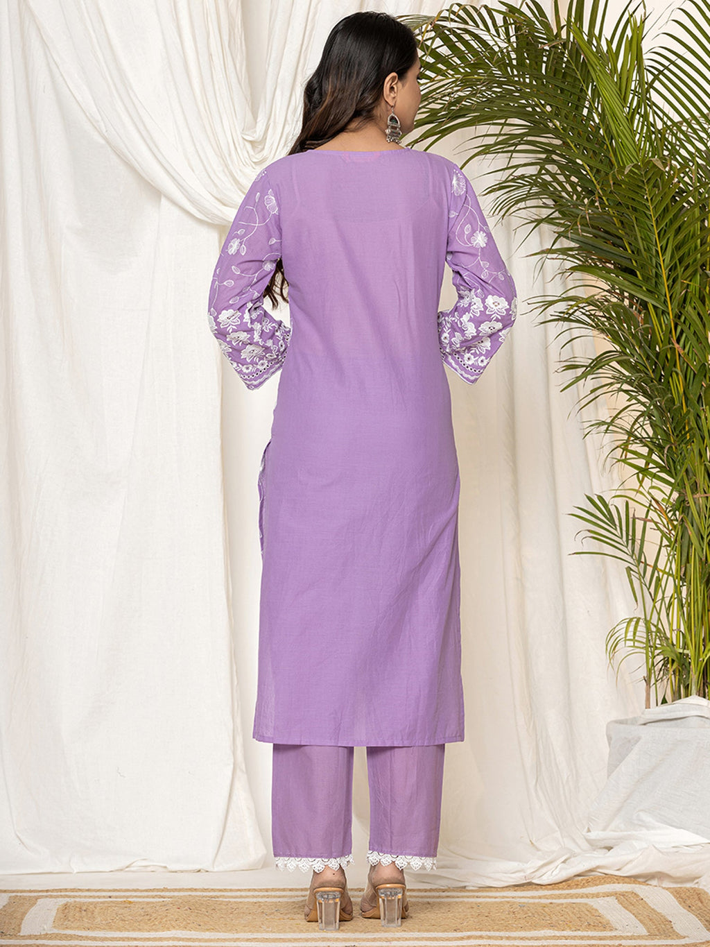 Indo Era Lavender Embroidered Straight Kurta Trousers set | Grocsy