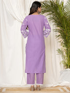 Indo Era Lavender Embroidered Straight Kurta Trousers set | Grocsy