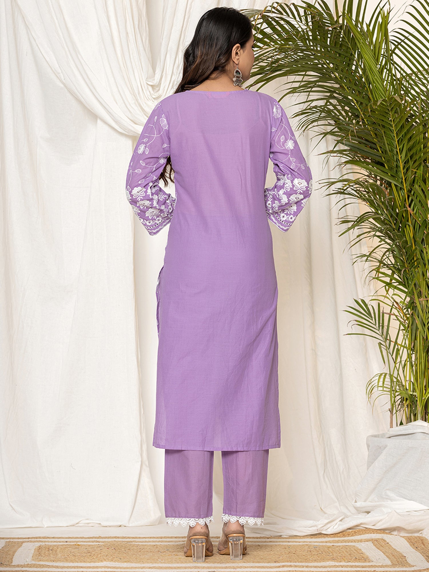 Indo Era Lavender Embroidered Straight Kurta Trousers set | Grocsy