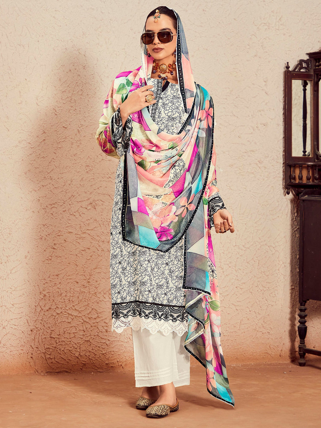 Indo Era Off White Printed Straight Kurta Trousers With Dupatta Set | Grocsy