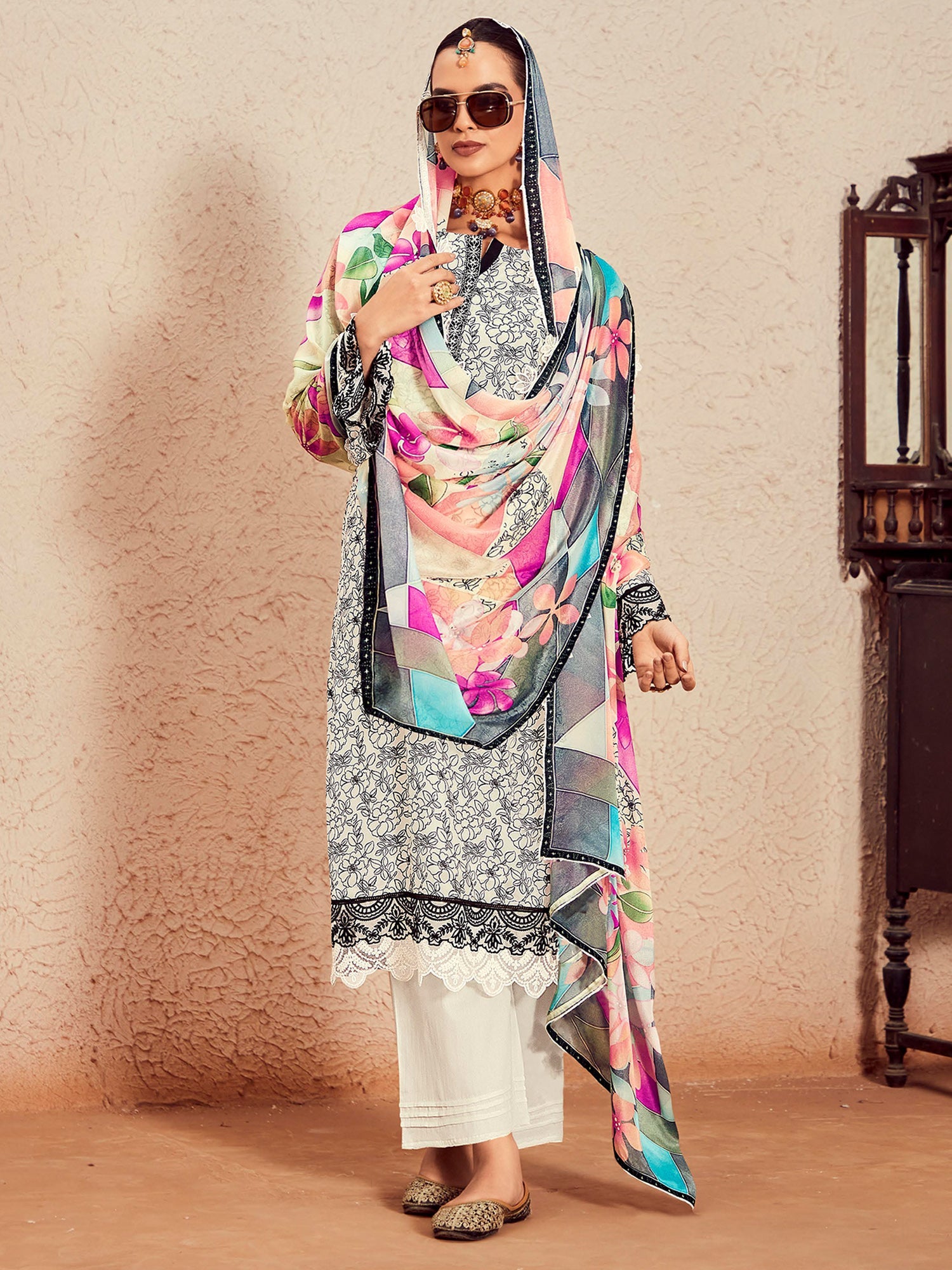Indo Era Off White Printed Straight Kurta Trousers With Dupatta Set | Grocsy