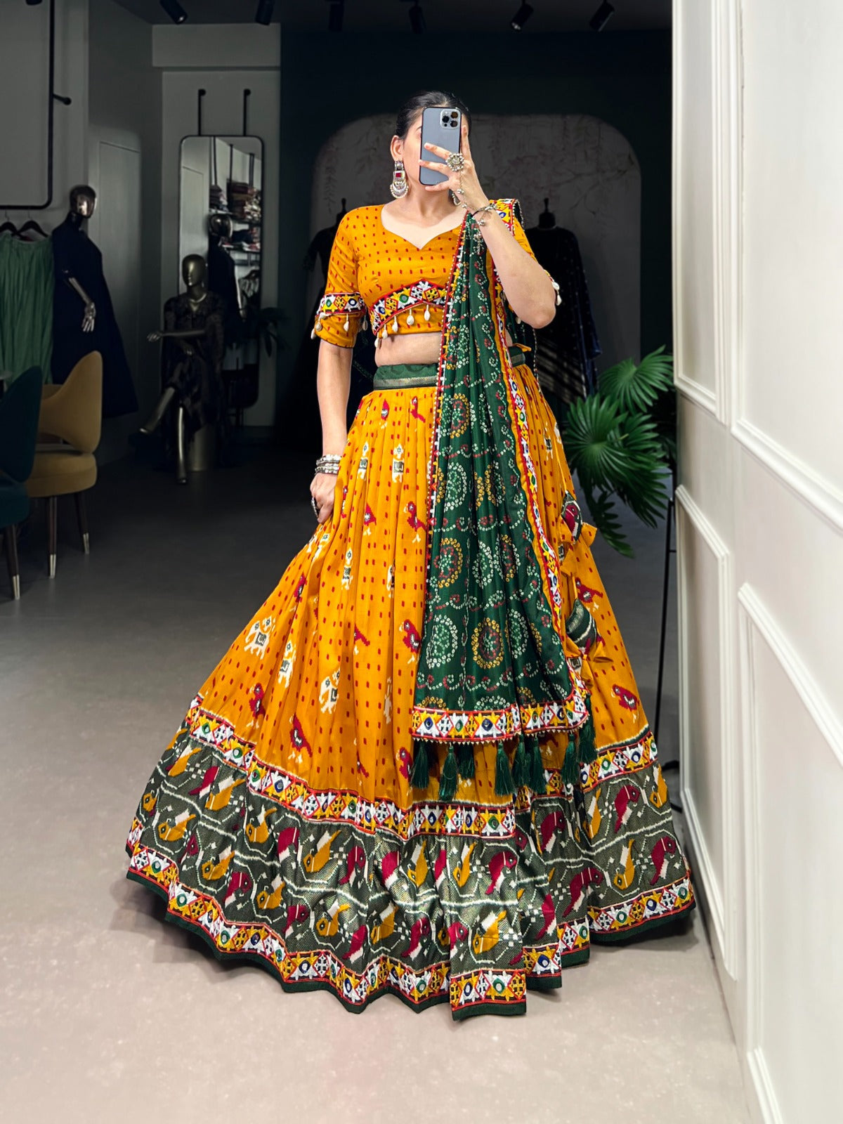 Lorenvalley Mustard Tussar Silk Patola Print with Gamthi Work Lace and Foil Work Lehenga Choli with Dupatta | Grocsy