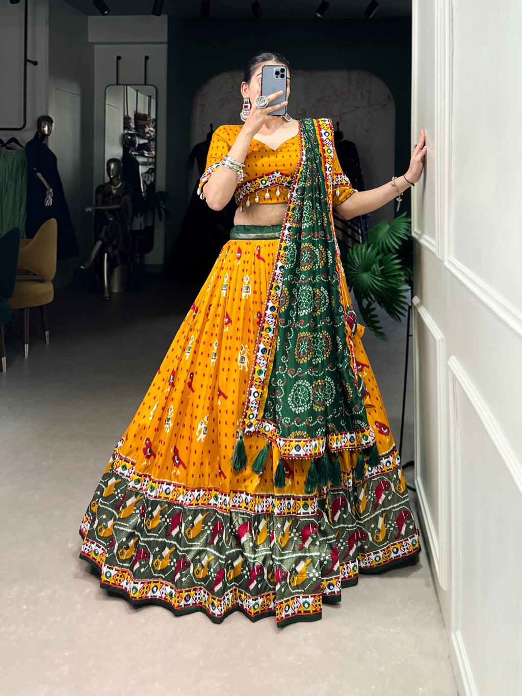Lorenvalley Mustard Tussar Silk Patola Print with Gamthi Work Lace and Foil Work Lehenga Choli with Dupatta | Grocsy