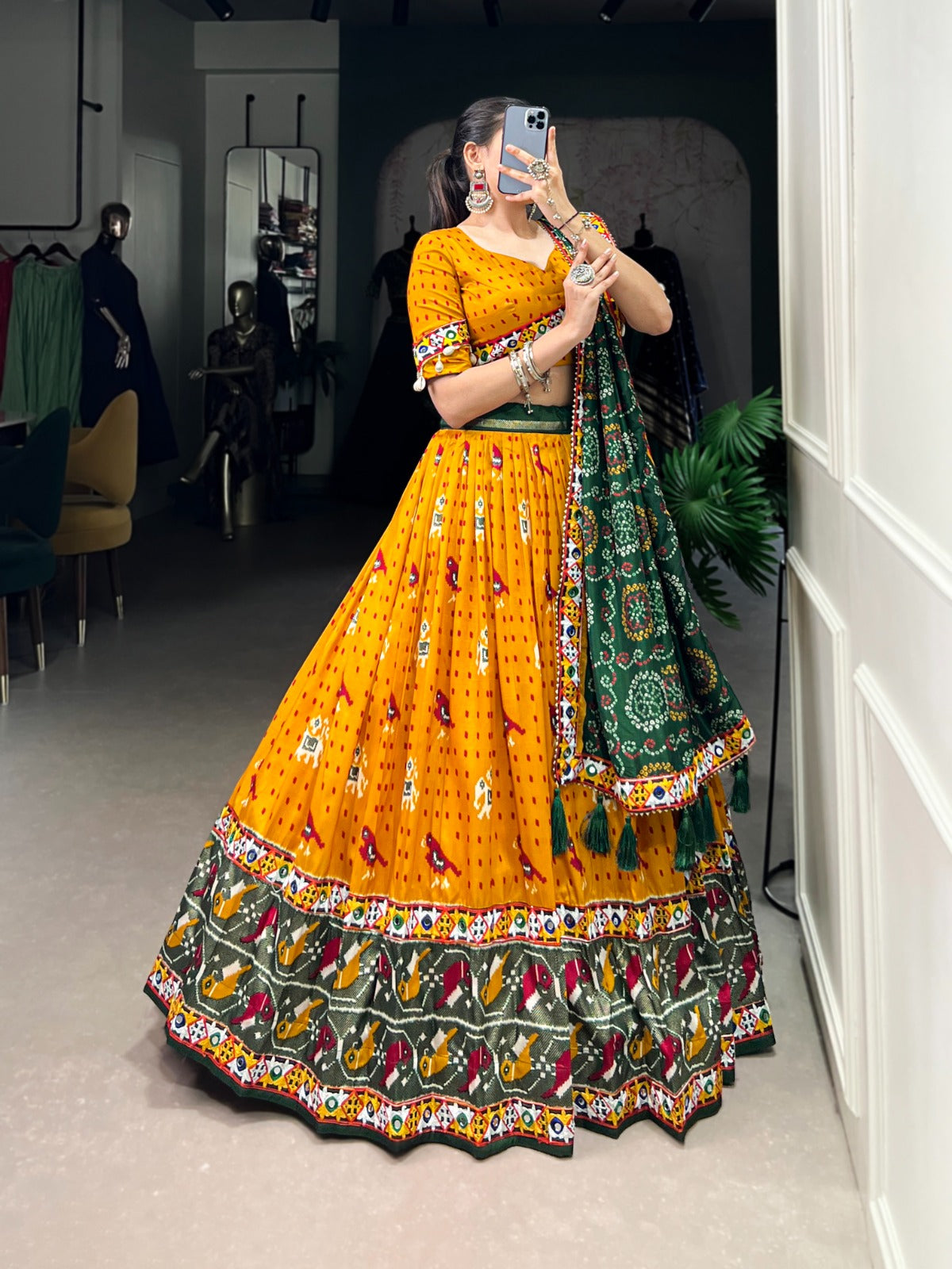 Lorenvalley Mustard Tussar Silk Patola Print with Gamthi Work Lace and Foil Work Lehenga Choli with Dupatta | Grocsy