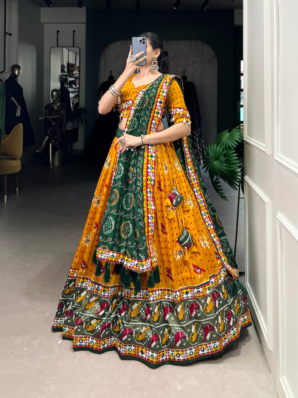 Lorenvalley Mustard Tussar Silk Patola Print with Gamthi Work Lace and Foil Work Lehenga Choli with Dupatta | Grocsy