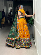 Lorenvalley Mustard Tussar Silk Patola Print with Gamthi Work Lace and Foil Work Lehenga Choli with Dupatta | Grocsy
