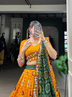 Lorenvalley Mustard Tussar Silk Patola Print with Gamthi Work Lace and Foil Work Lehenga Choli with Dupatta | Grocsy