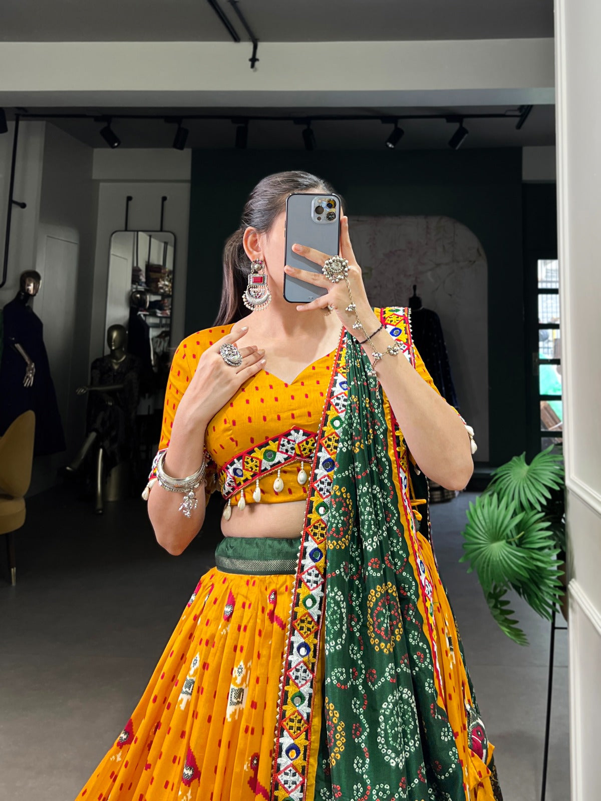 Lorenvalley Mustard Tussar Silk Patola Print with Gamthi Work Lace and Foil Work Lehenga Choli with Dupatta | Grocsy