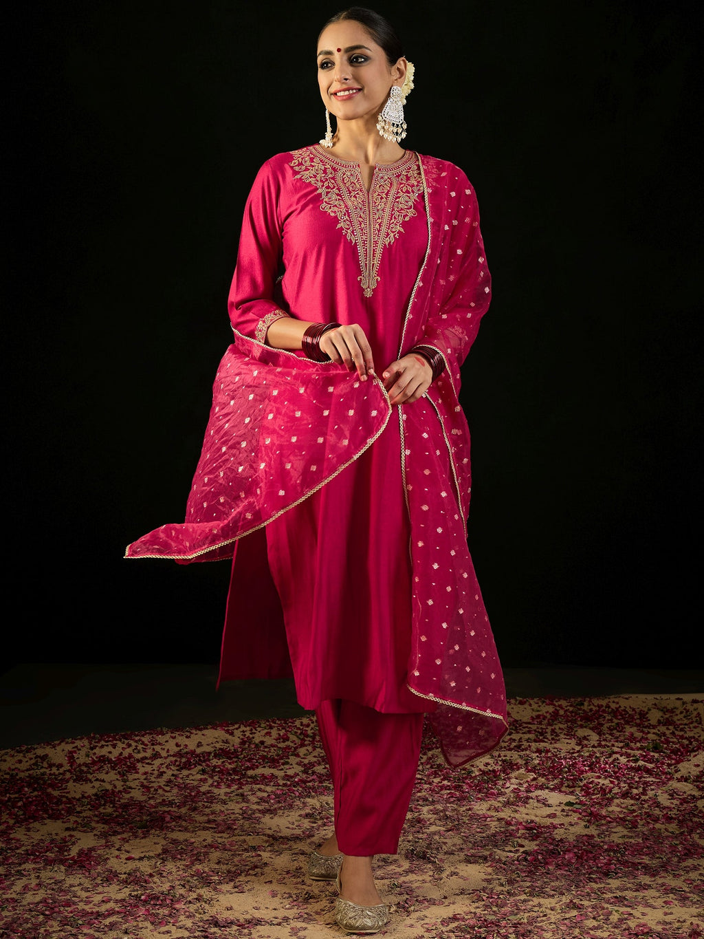 Indo Era Pink Embroidered Straight Kurta Trousers With Dupatta set | Grocsy