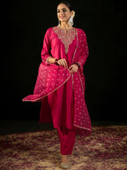 Indo Era Pink Embroidered Straight Kurta Trousers With Dupatta set | Grocsy
