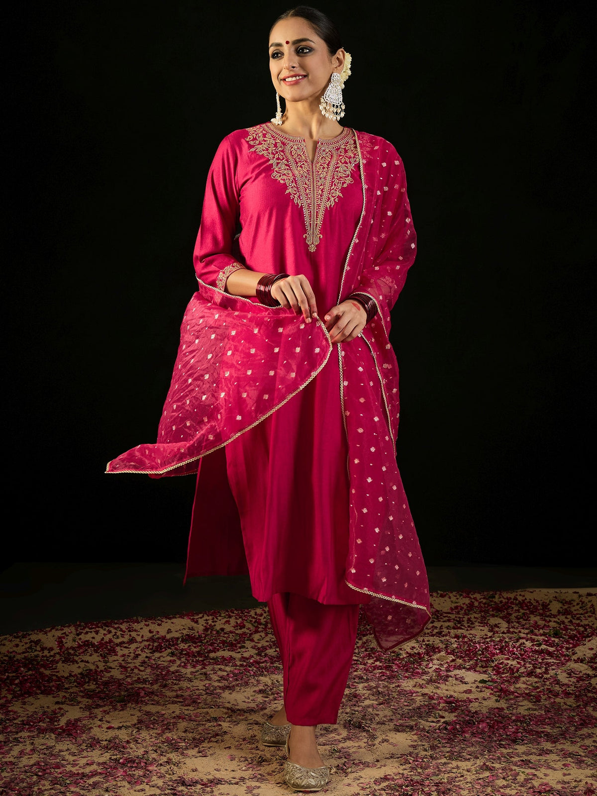 Indo Era Pink Embroidered Straight Kurta Trousers With Dupatta set | Grocsy