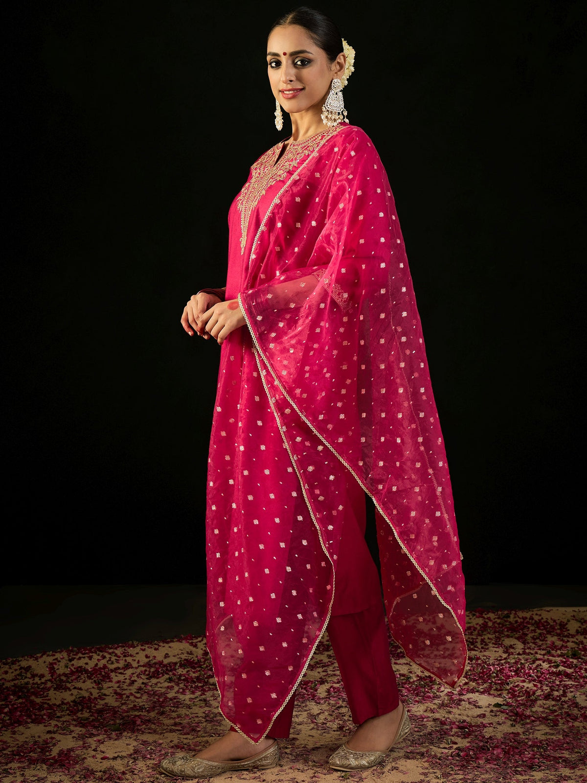 Indo Era Pink Embroidered Straight Kurta Trousers With Dupatta set | Grocsy