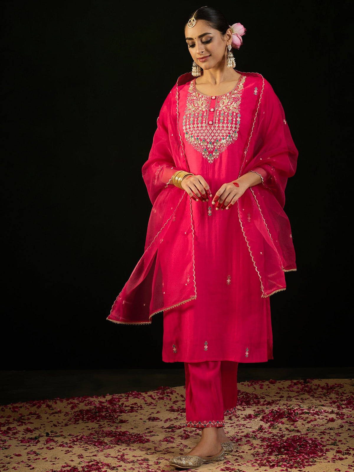 Indo Era Pink Embroidered Straight Kurta Trousers With Dupatta Set | Grocsy
