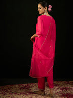 Indo Era Pink Embroidered Straight Kurta Trousers With Dupatta Set | Grocsy