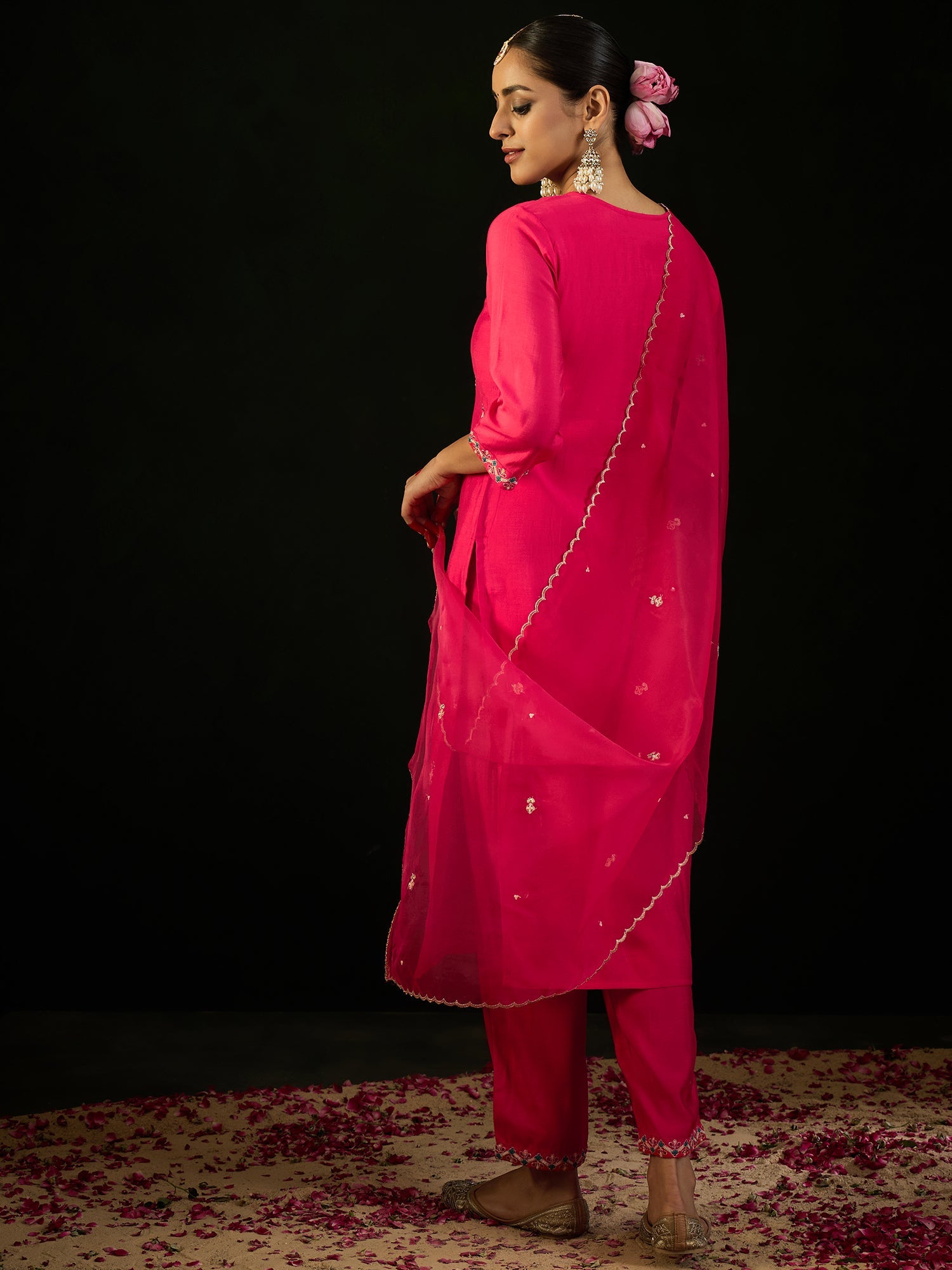 Indo Era Pink Embroidered Straight Kurta Trousers With Dupatta Set | Grocsy