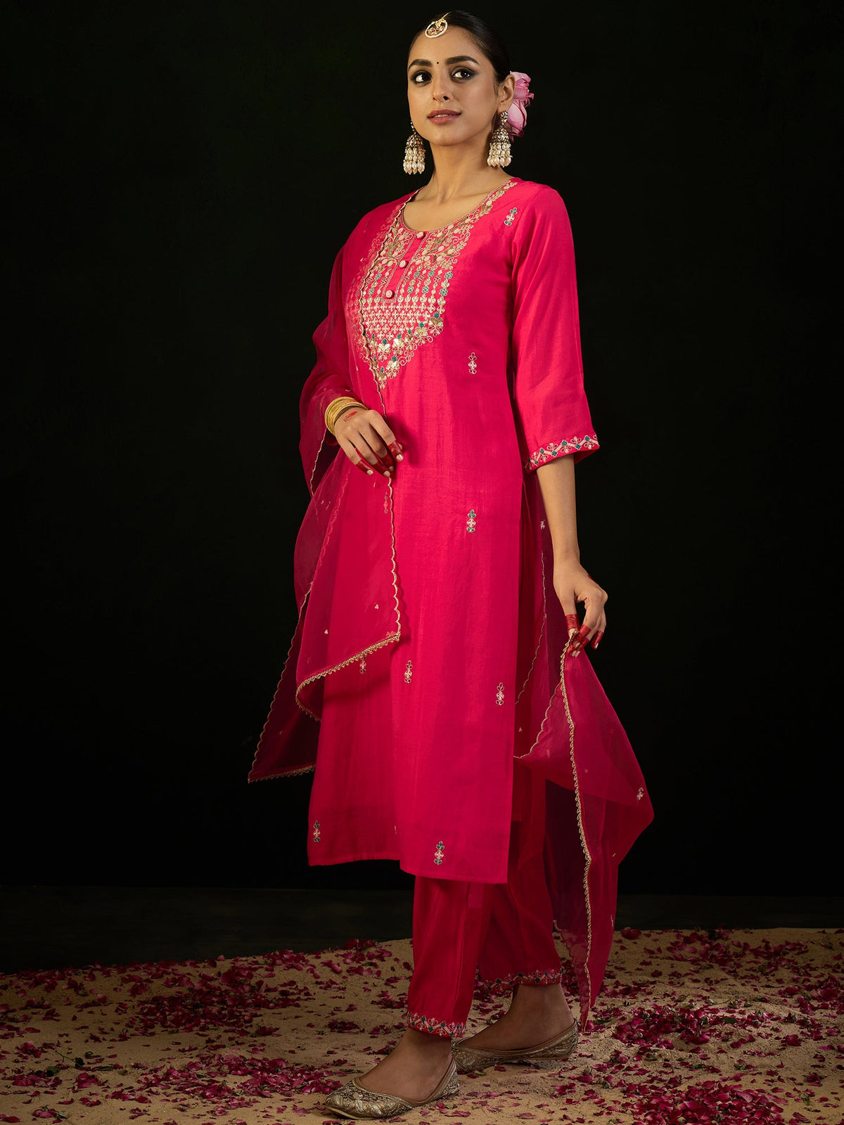 Indo Era Pink Embroidered Straight Kurta Trousers With Dupatta Set | Grocsy