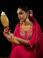 Indo Era Pink Embroidered Straight Kurta Trousers With Dupatta Set | Grocsy