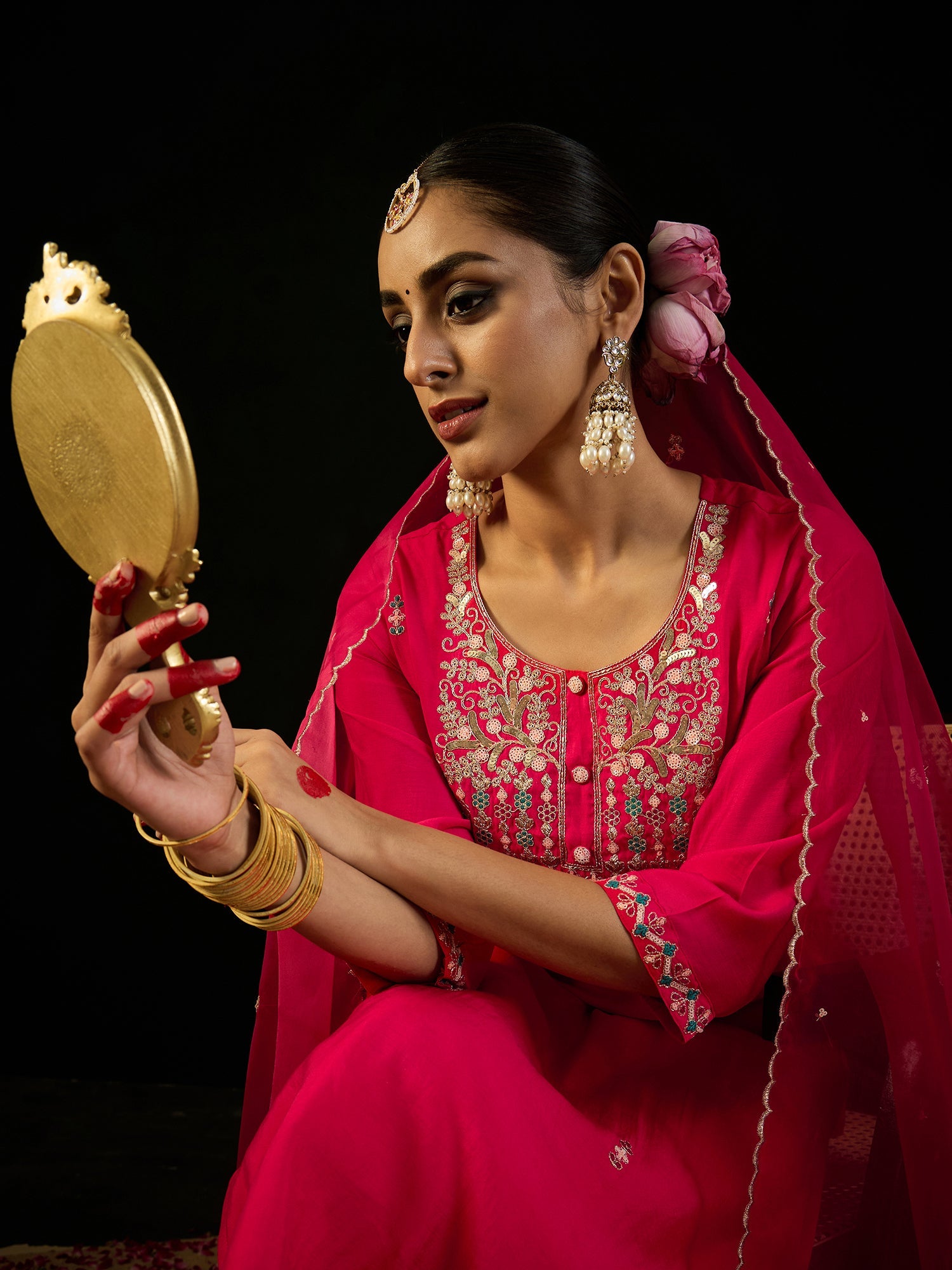 Indo Era Pink Embroidered Straight Kurta Trousers With Dupatta Set | Grocsy