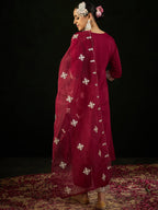 Indo Era Maroon Embroidered Straight Kurta Trousers With Dupatta set | Grocsy