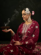 Indo Era Maroon Embroidered Straight Kurta Trousers With Dupatta set | Grocsy