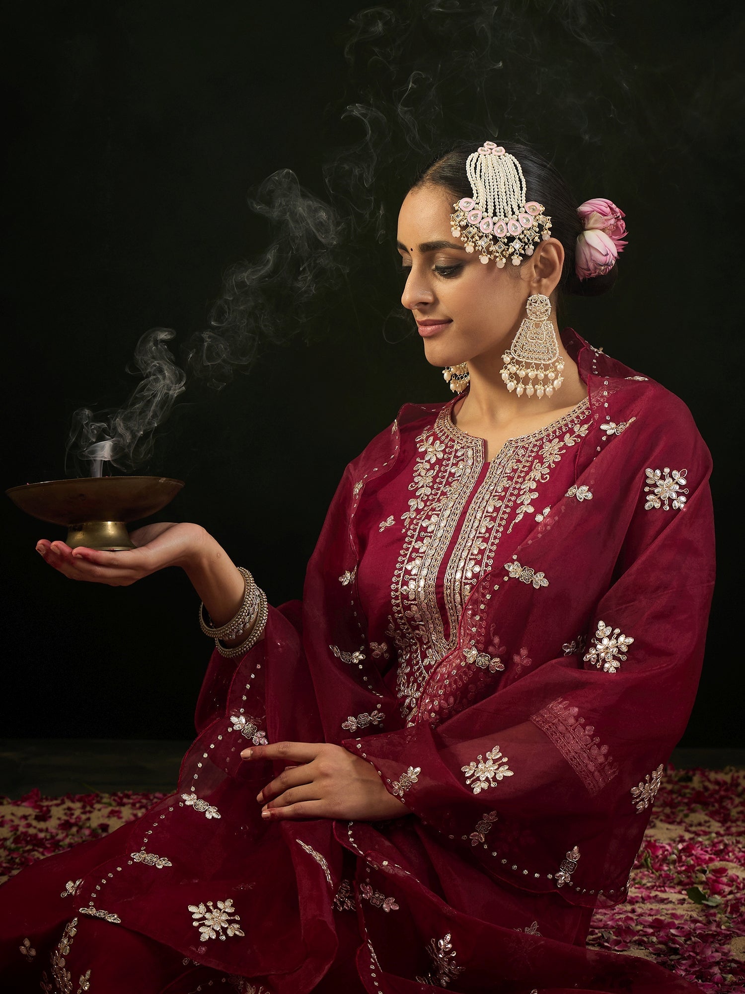 Indo Era Maroon Embroidered Straight Kurta Trousers With Dupatta set | Grocsy
