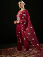 Indo Era Maroon Embroidered Straight Kurta Trousers With Dupatta set | Grocsy