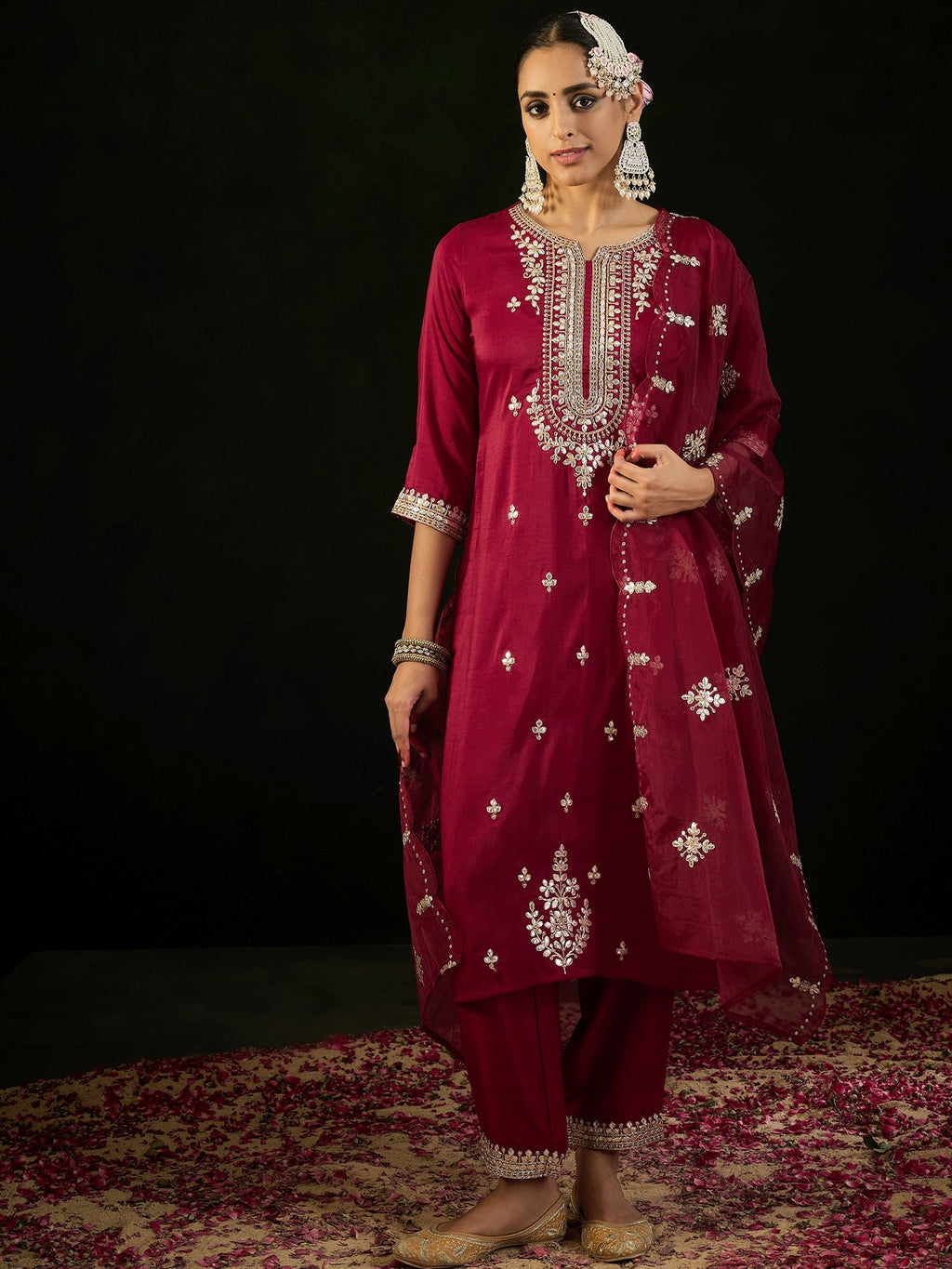 Indo Era Maroon Embroidered Straight Kurta Trousers With Dupatta set | Grocsy