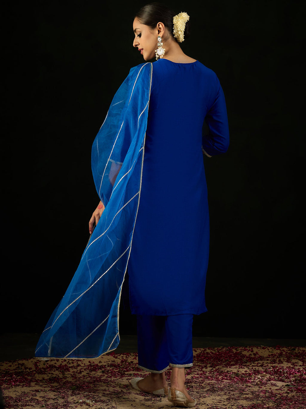 Indo Era Blue Embroidered Straight Kurta Trousers With Dupatta set | Grocsy