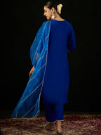 Indo Era Blue Embroidered Straight Kurta Trousers With Dupatta set | Grocsy