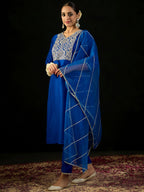 Indo Era Blue Embroidered Straight Kurta Trousers With Dupatta set | Grocsy