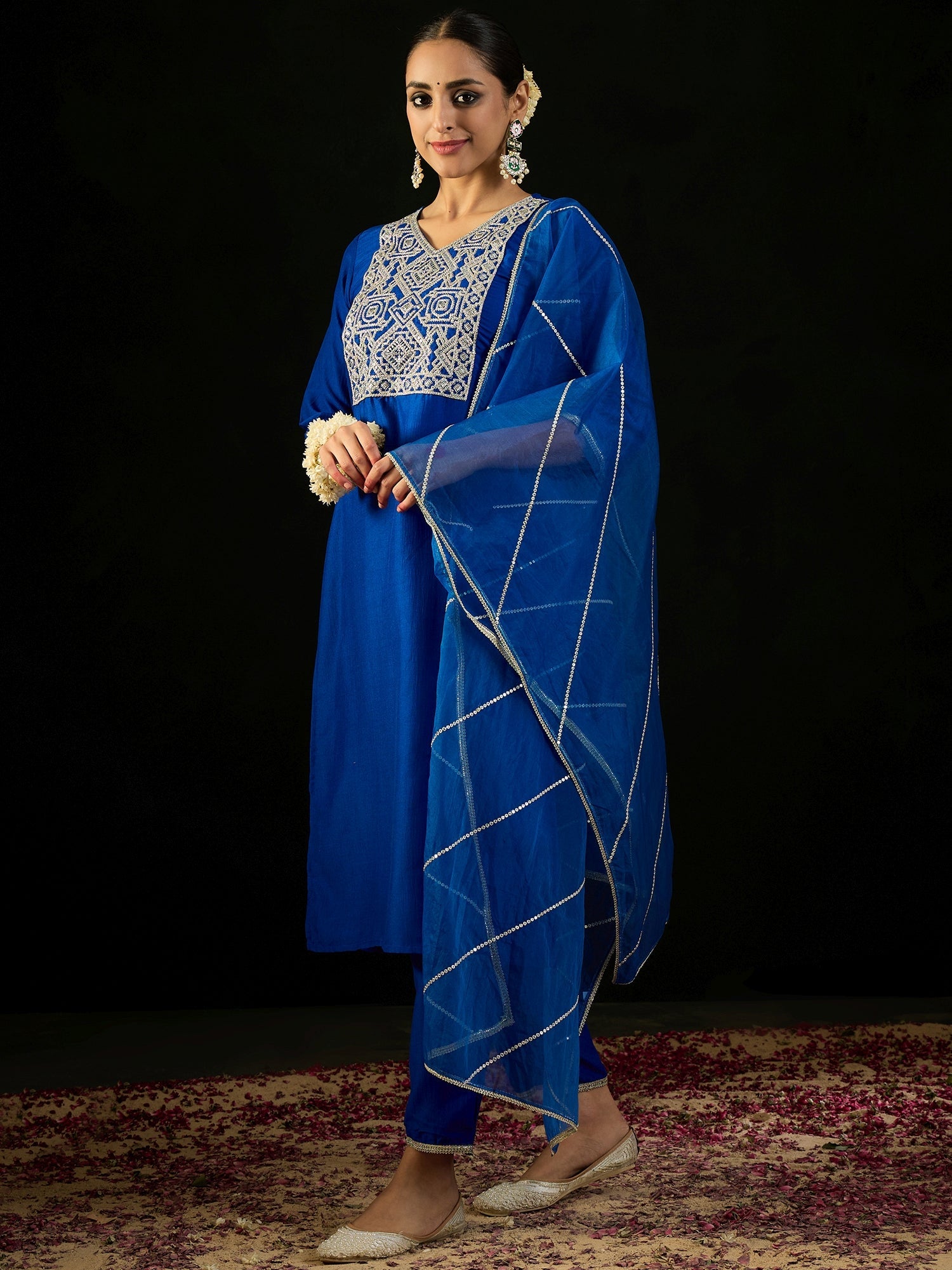 Indo Era Blue Embroidered Straight Kurta Trousers With Dupatta set | Grocsy