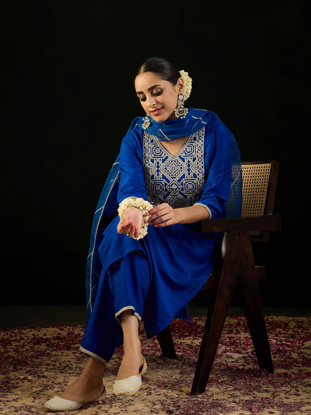 Indo Era Blue Embroidered Straight Kurta Trousers With Dupatta set | Grocsy
