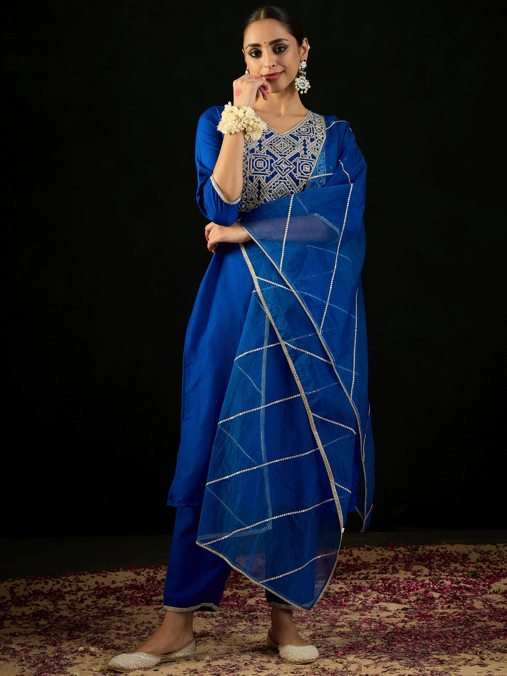 Indo Era Blue Embroidered Straight Kurta Trousers With Dupatta set | Grocsy