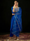 Indo Era Blue Embroidered Straight Kurta Trousers With Dupatta set | Grocsy