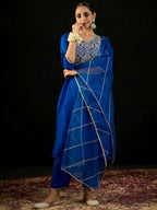 Indo Era Blue Embroidered Straight Kurta Trousers With Dupatta set | Grocsy