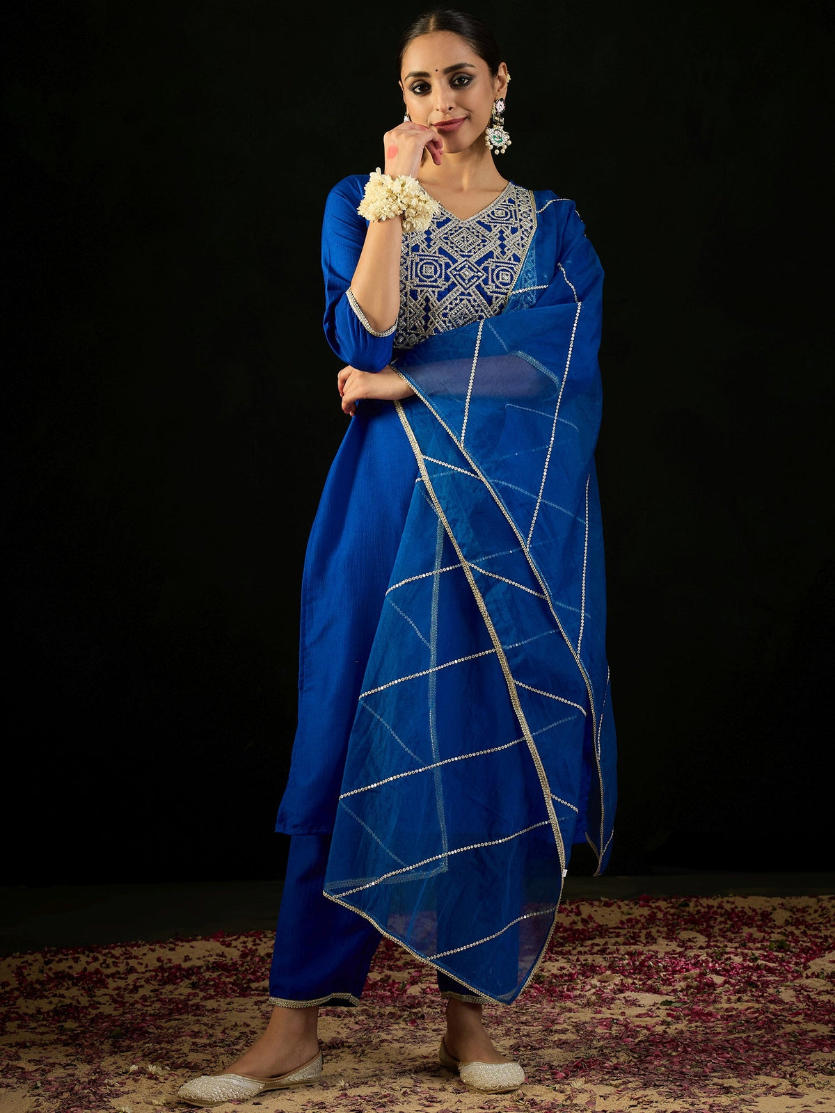 Indo Era Blue Embroidered Straight Kurta Trousers With Dupatta set | Grocsy