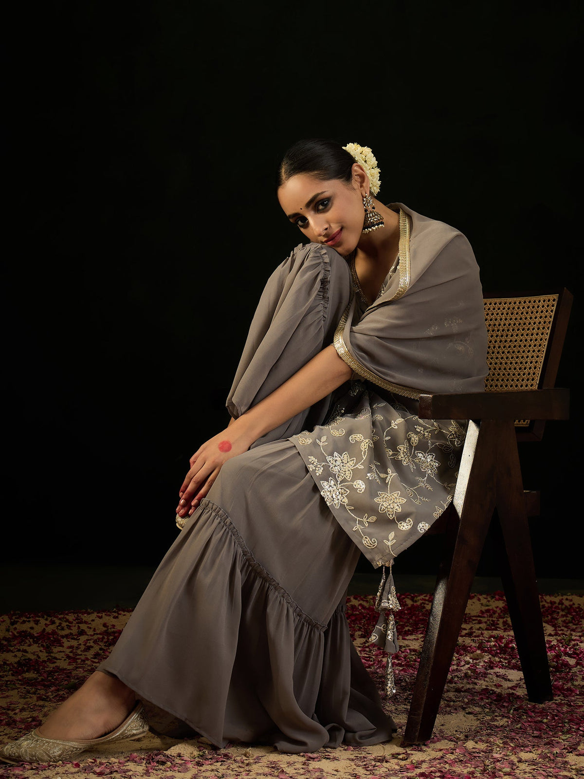 Indo Era Grey Embroidered Straight Kurta Sharara With Dupatta set | Grocsy