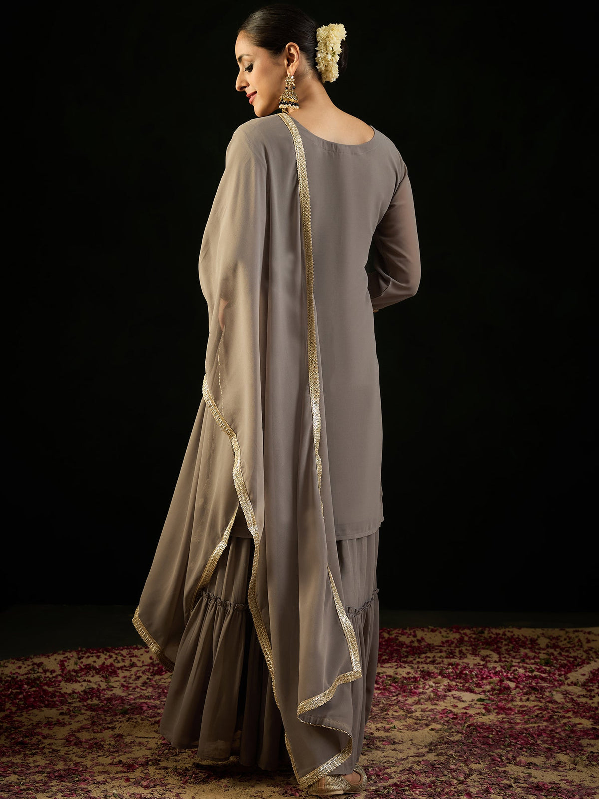 Indo Era Grey Embroidered Straight Kurta Sharara With Dupatta set | Grocsy