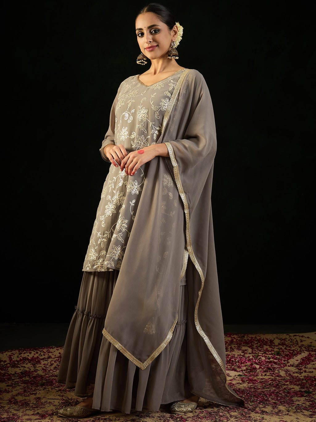 Indo Era Grey Embroidered Straight Kurta Sharara With Dupatta set | Grocsy