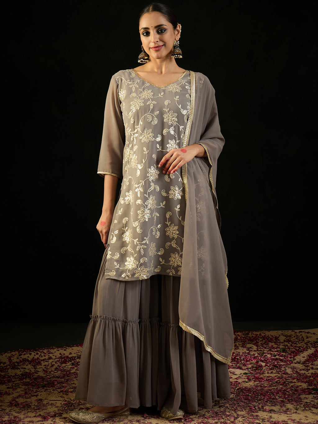Indo Era Grey Embroidered Straight Kurta Sharara With Dupatta set | Grocsy