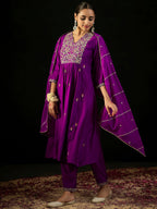 Indo Era Purple Embroidered A-Line Kurta Trousers With Dupatta set | Grocsy