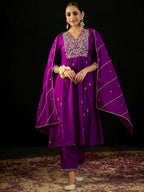 Indo Era Purple Embroidered A-Line Kurta Trousers With Dupatta set | Grocsy
