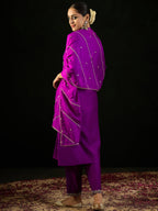Indo Era Purple Embroidered A-Line Kurta Trousers With Dupatta set | Grocsy