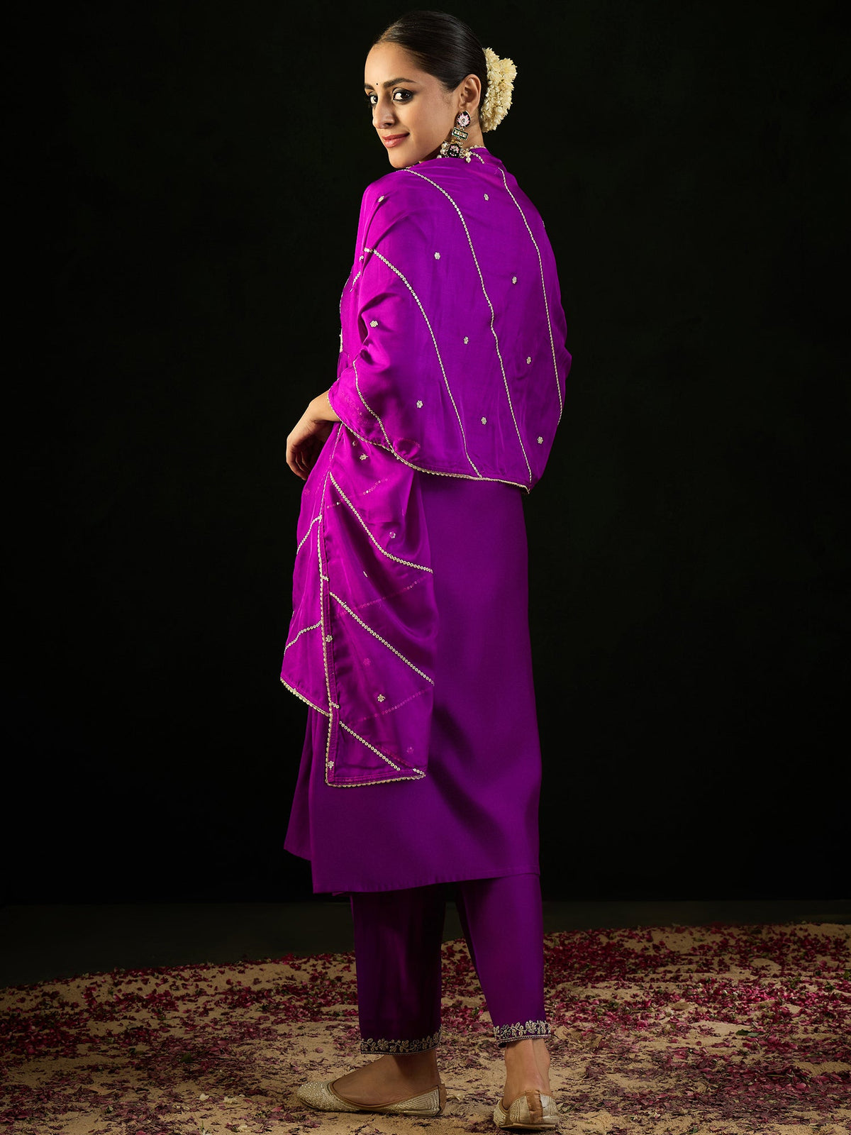 Indo Era Purple Embroidered A-Line Kurta Trousers With Dupatta set | Grocsy