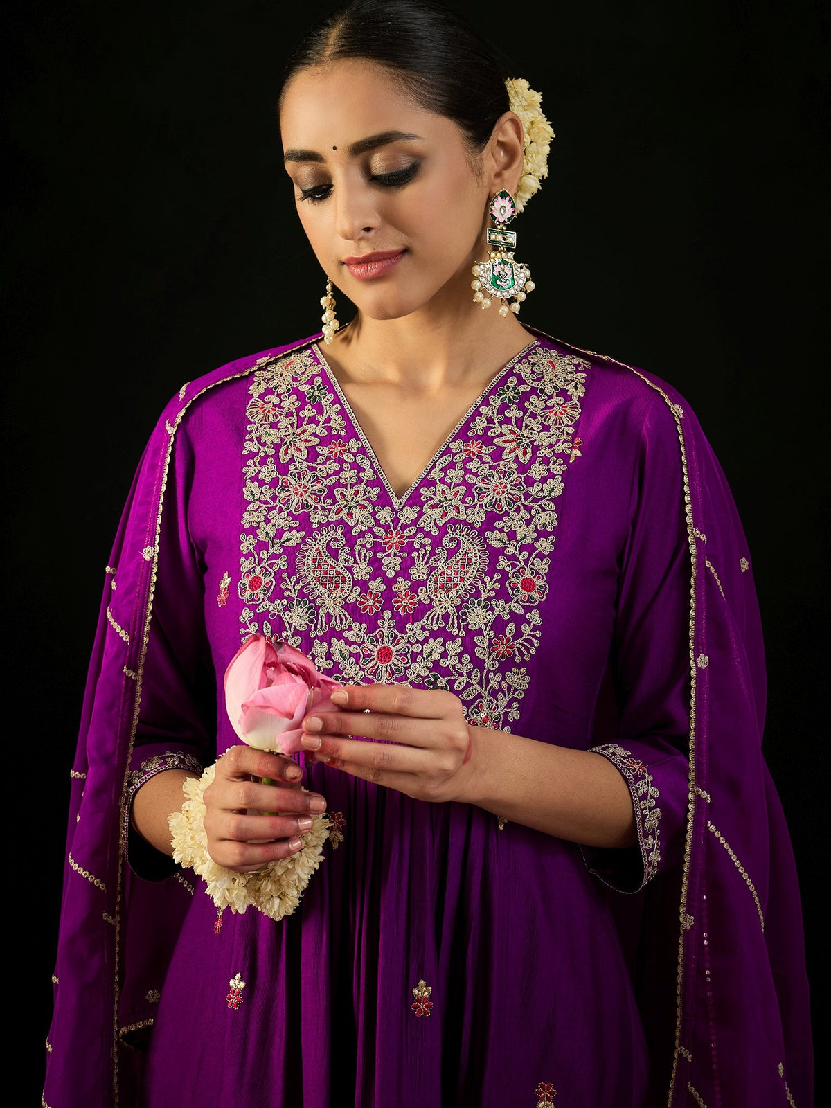 Indo Era Purple Embroidered A-Line Kurta Trousers With Dupatta set | Grocsy
