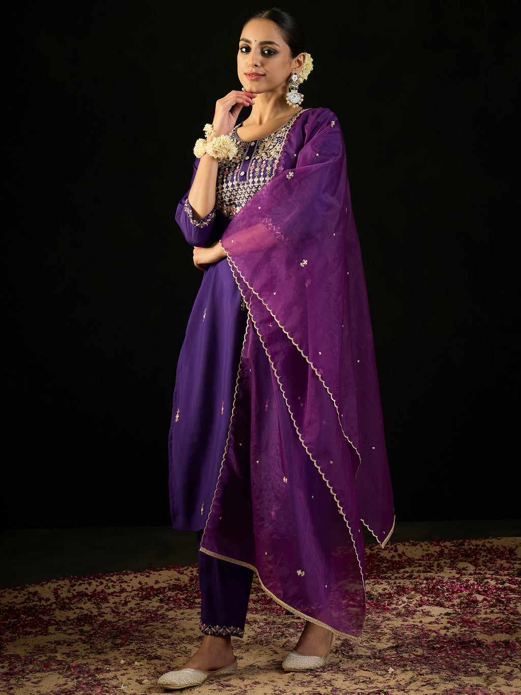 Indo Era Purple Embroidered Straight Kurta Trousers With Dupatta Set | Grocsy