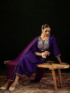 Indo Era Purple Embroidered Straight Kurta Trousers With Dupatta Set | Grocsy